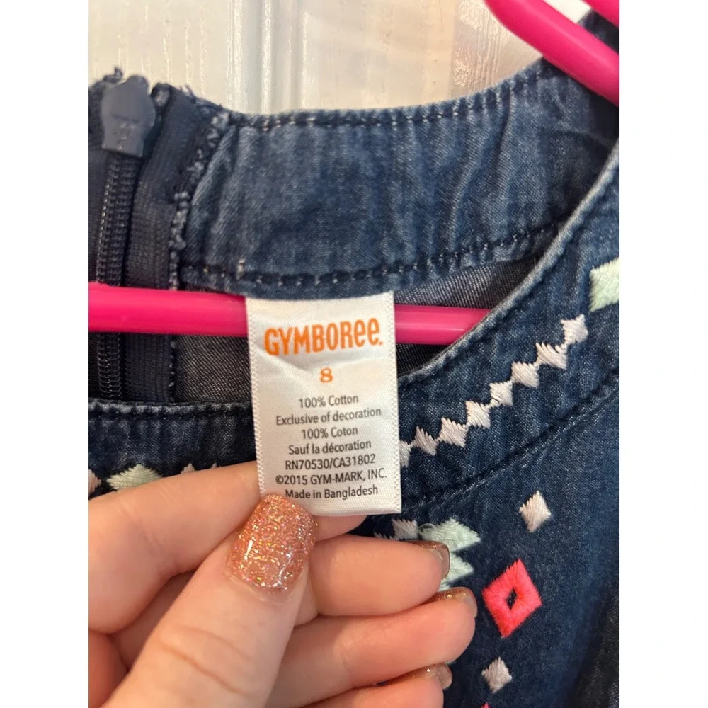 Gymboree Denim Dress Blue Embroidered Geometric Sleeveless Cotton Shift Bin A